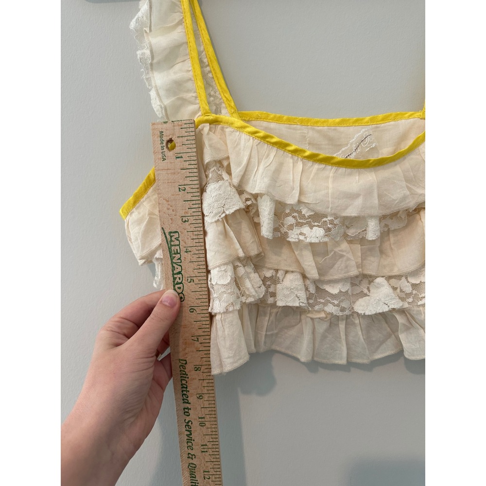 Kimchi Blue Cream Ruffle Lace Crop Tank Top with Yellow Trim and Bows - Picture 5 of 6